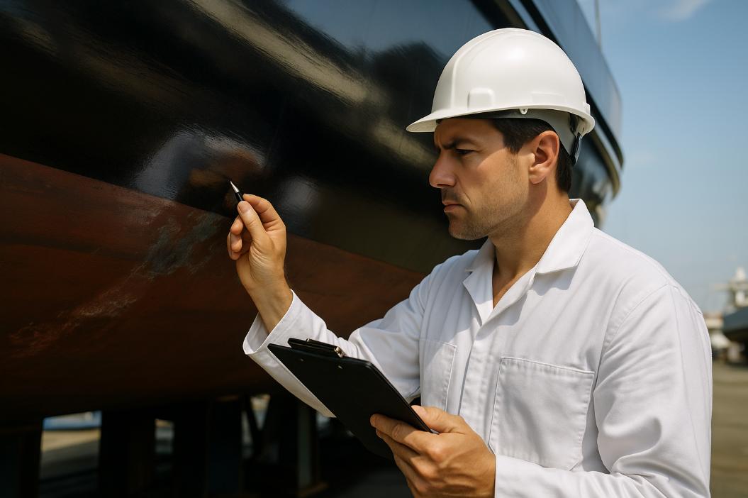 Marine surveyor inspecting hull