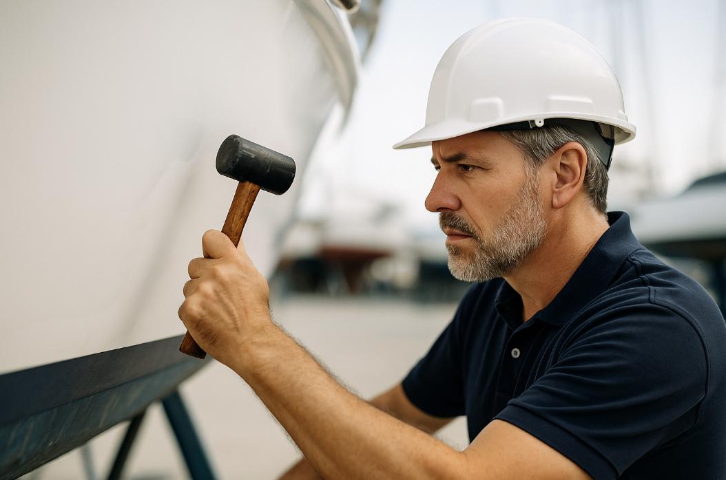 Surveyor tapping hull with hammer